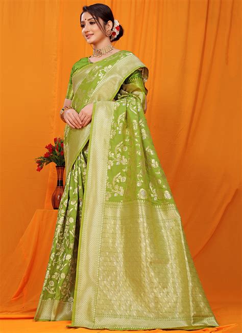 Shop Green Color Patola Silk Zari Weaving Work Saree Party Wear Online