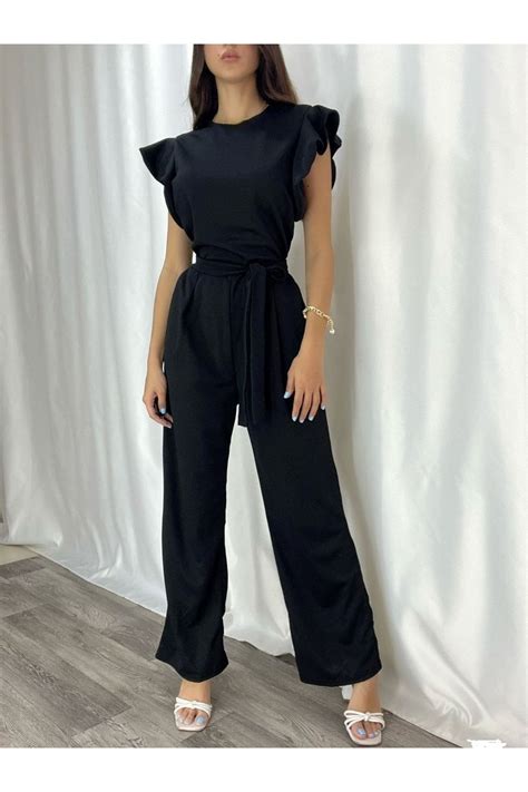 Secret Passion Lingerie Q Esnek Siyah Krep Kumaş Kolları Volan Deyatlı Cepli Ve Kuşak Kemerli