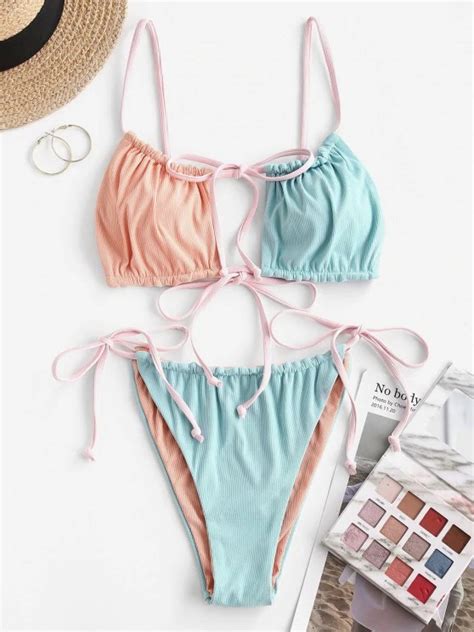 Color Matching Bra Strap Split Bikini Swimsuit Set On Luulla