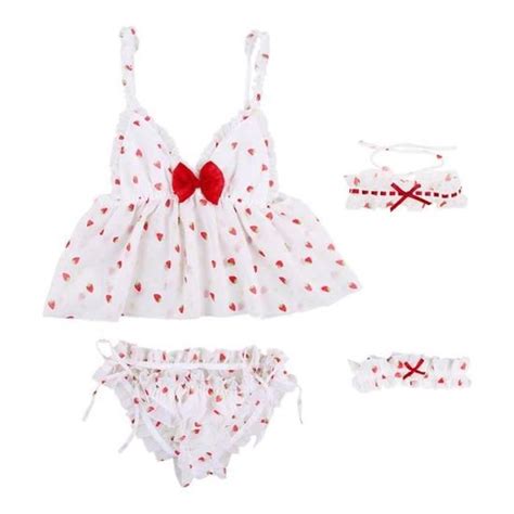 Sexy ensemble de Lingerie broderie caraco Kawaii fraise uniforme tentation sous vêtements