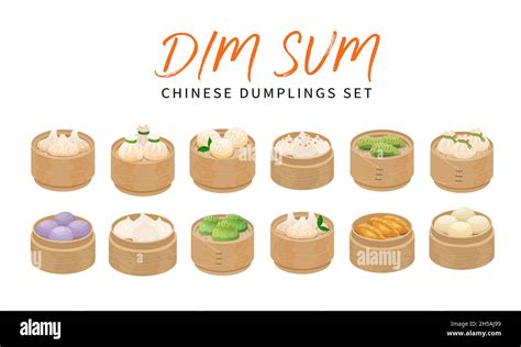 Set Of Isolated Dim Sum Dumplings In Bamboo Steamer Baskets Vector