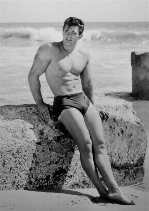 Man In Swimsuit On Rock Shirtless Beefcake Gay Interest X Vintage Repro Photo