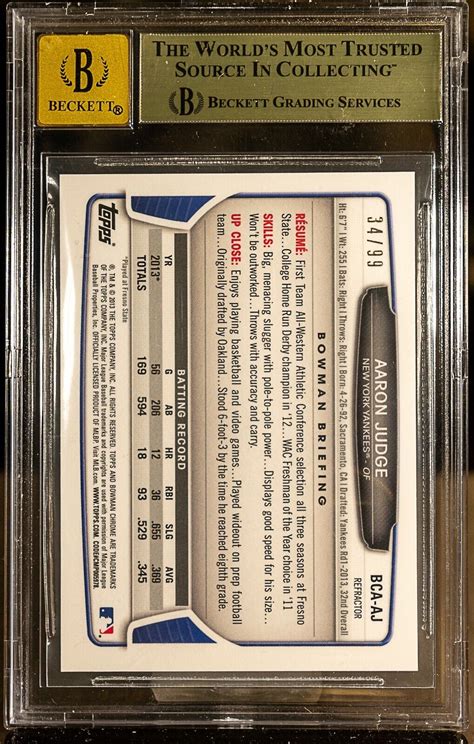 Aaron Judge 2013 Bowman Chrome Draft Blue Refractor RC AUTO 34 99 BGS 9