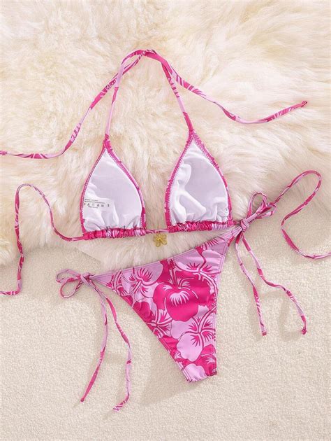 Novo Conjunto de Maiô Bikini Floral Estampa de Sakura Rosa Sexy