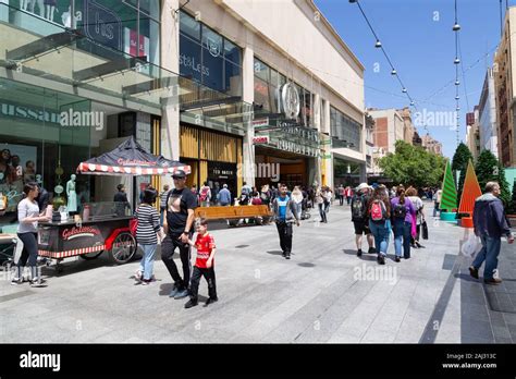 Adelaide Rundle Mall; people walking in Rundle Mall, a large paved ...