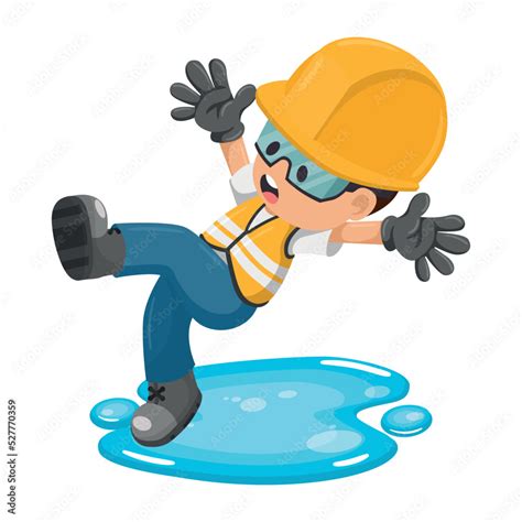 Vetor De Industrial Construction Worker Slipping On A Puddle Of Water