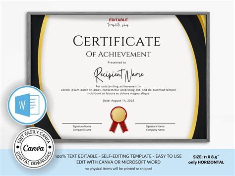 Editable Certificate of Achievement Template. Award Template. - Etsy