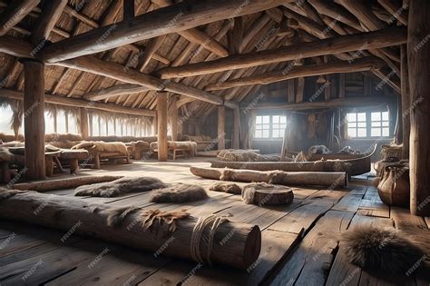 Premium Photo A Viking Longhouse With Wooden Beams And Animal Hides