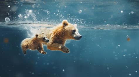 Premium AI Image | A polar bear and her cubs swim in the water.