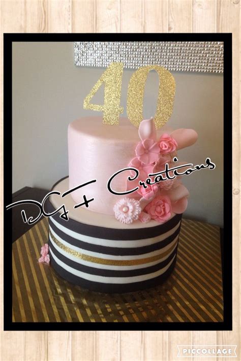 A Pink And Black Striped Cake With Flowers On Top That Reads 40 Cents