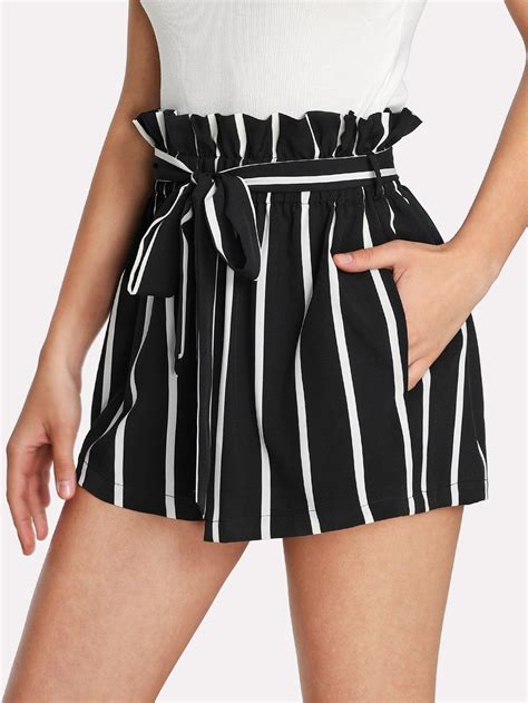 Self Tie Waist Frill Trim Striped Shorts Shein Sheinside Fashion