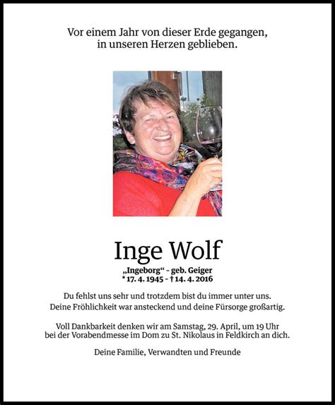 Todesanzeigen Von Ingeborg Wolf Todesanzeigen Vorarlberger Nachrichten