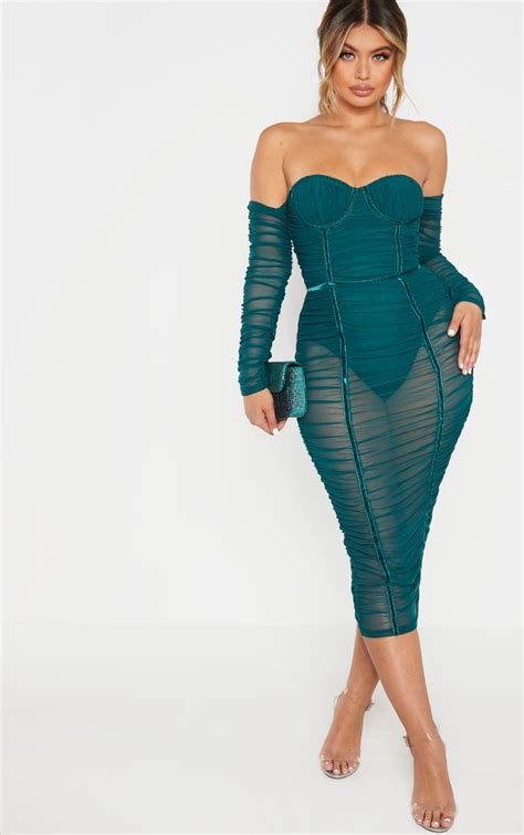 Jasper Green Mesh Ruched Binded Bardot Midi Dress Prettylittlething