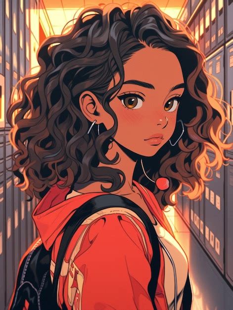 Premium Photo | Anime girl with curly hair and backpack in hallway ...