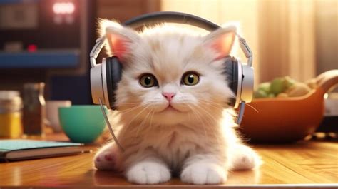 Premium Ai Image Cute Pet Cat Listening To Music With Headphones 3d