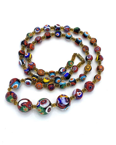 Rare Graduated Vintage Millefiori Glass Beads Necklac Gem