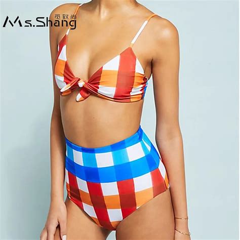 Ms Shang Plaid High Waist Bikini Swimsuit Women Swimwear Push Up Brazilian Bikini Set Sexy