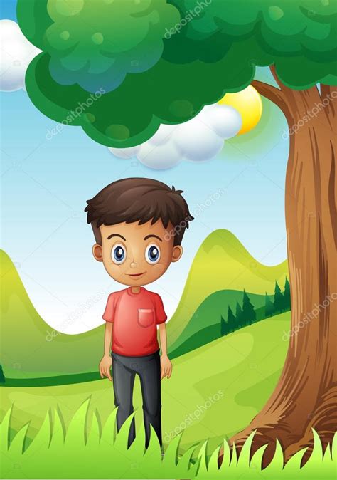 Un niño bajo la sombra de un gran árbol Vector de stock por