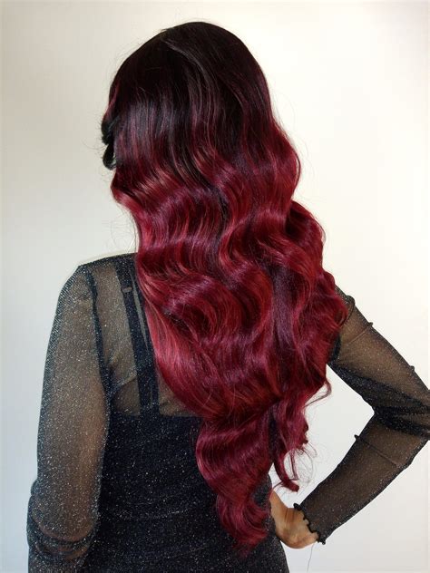 Burgundy Cherry Red Full Wig Dark Black Roots Long Deep Waves