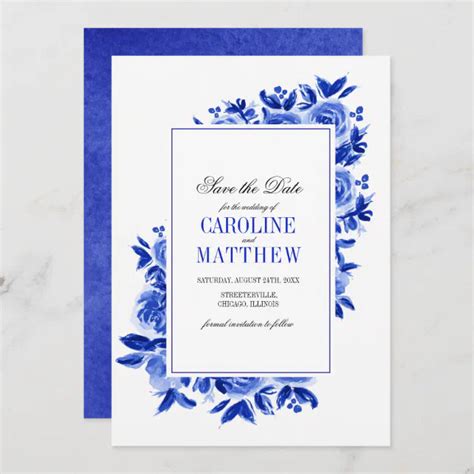 Save The Date Royal Blue Floral Wedding Cards Zazzle