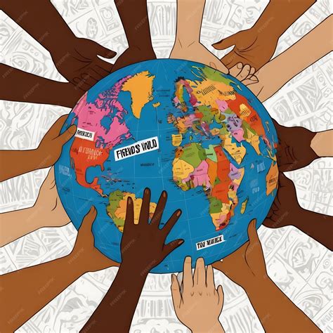 A globe surrounded by friends of different cultures holding hands