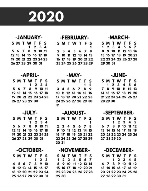 Free Printable Year At A Glance Calendar 2020