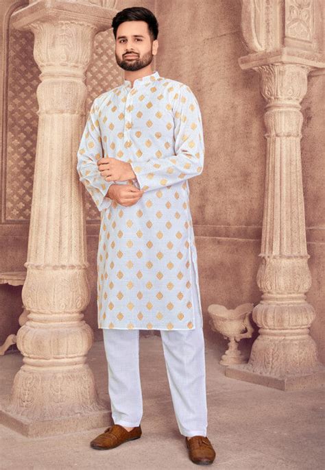 Buy Printed Cotton Kurta Set In Off White Online Mjs Utsav Fashion