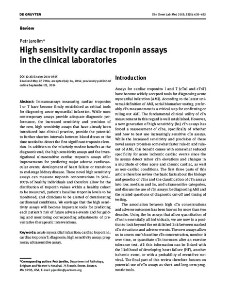 Pdf High Sensitivity Cardiac Troponin Assays In The Clinical