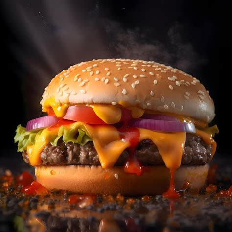 Hamburguesa Sobre Un Fondo Negro Con Espacio De Copia De Humo Foto