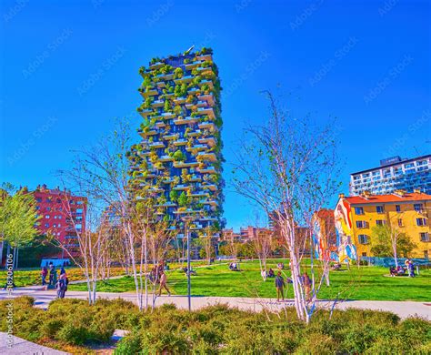 Biblioteca Degli Alberi Park With Bosco Verticale On April In Milan