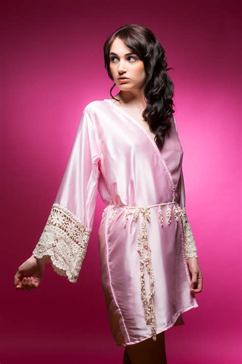 Pink Satin Robe with Lace Accented Cuffs | Laughing Cherries