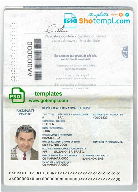 Brazil Passport Template In Psd Format Fully Editable Passport Template Passport Templates