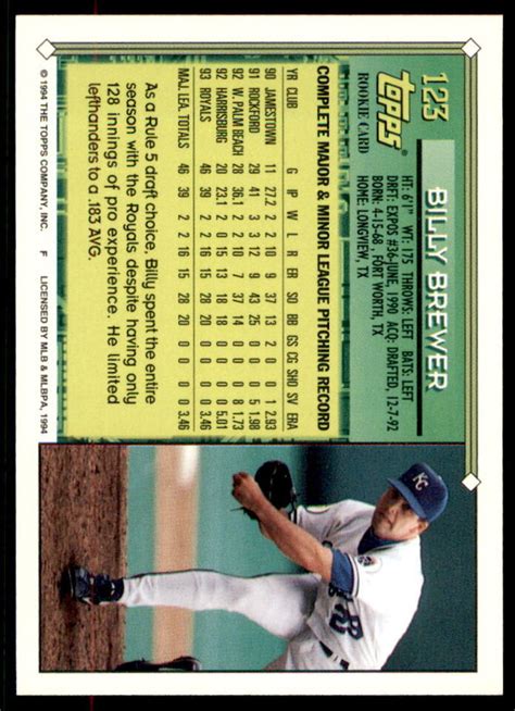 1994 Topps Billy Brewer 123 Kansas City Royals Future Star Ebay