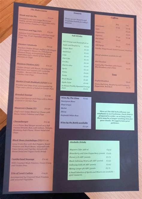 Menu At The Old School House Restaurant Twynholm A75