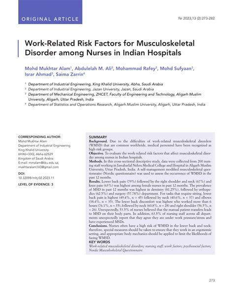 Pdf Work Related Risk Factors For Musculoskeletal Disorder Among