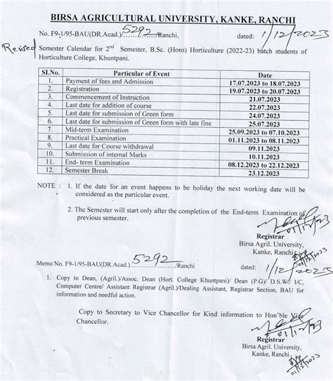 Revised Semester Calendar For Nd Semester B Sc Hon S Horticulture