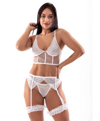 Conjunto Imi Lingerie Cropped Sem Bojo Tule Renda Cinta Liga Perneira Fio Dental Biju Perla