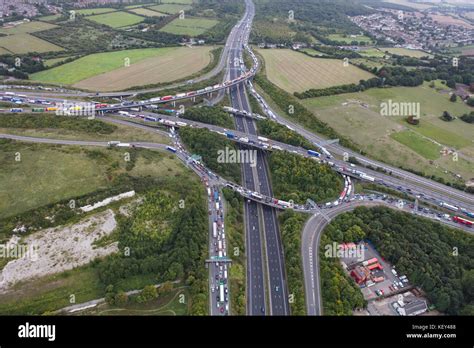 An Aerial View Of Motorway Congestion Around Junction 2 Of The M25