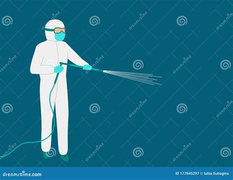 Man Worker In White Hazmat Suit Cleaning And Disinfecting Virus