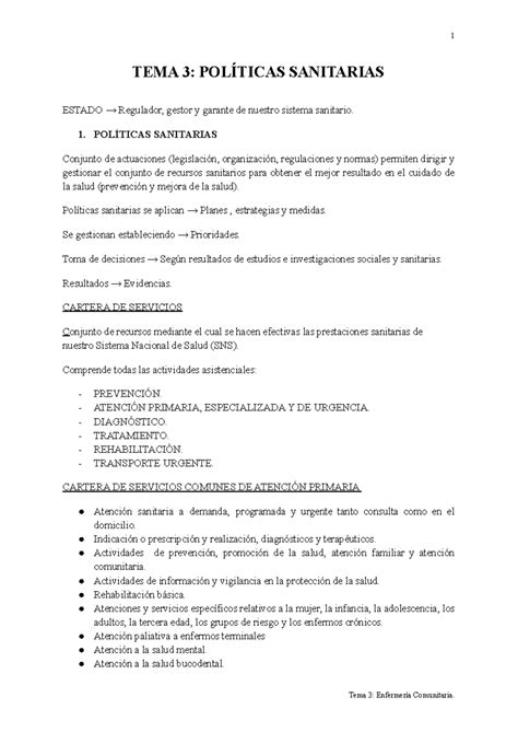 Enfermería Comunitaria Tema 3 Tema 3 PolÍticas Sanitarias Estado → Regulador Gestor Y