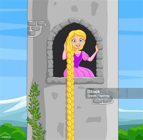 Cartoon Beautiful Rapunzel At Castle Window Stock Illustration