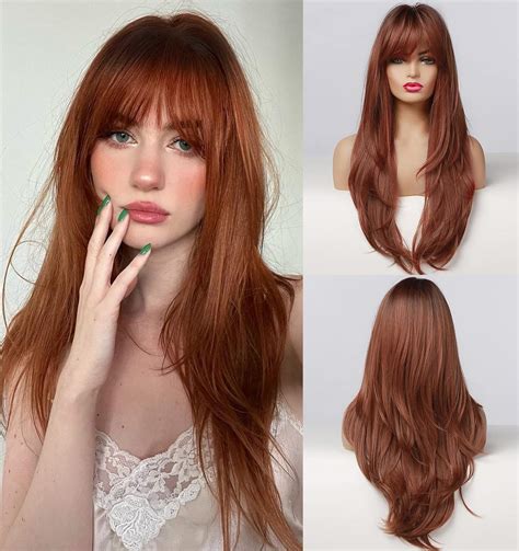 Lanova Ginger Ombre Wigs With Bangs Best Synthetic Wig For Women Copper Red Wigs