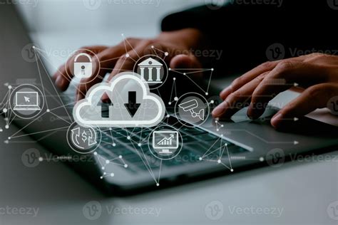 On a man's laptop is a cloud computing schematic. Cloud computing, data