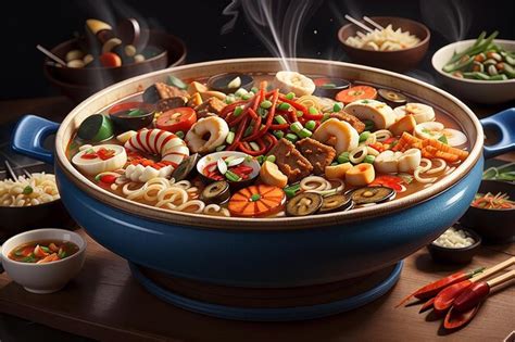 Premium Photo Noodles Spicy Boil With Seafood Shrimp Vegetable Food And Pork In Hot Pot