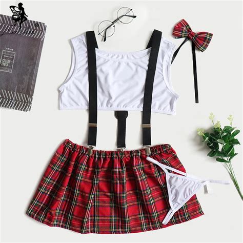 Porn Babydoll Sexy Lingerie Women School Girl Costumes Suspender Plaid Skirt Set Student Cosplay