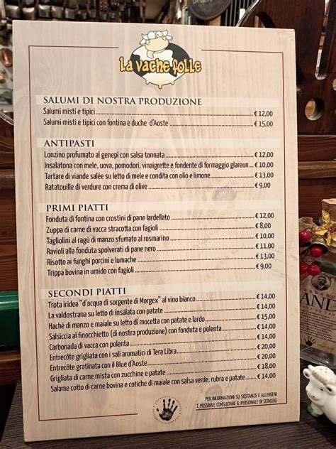 Menu Da Osteria La Vache Folle Ristorante Aosta