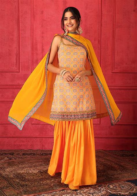 Buy Women Mustard Yellow Sharara Set With Short Embroidered Kurta And