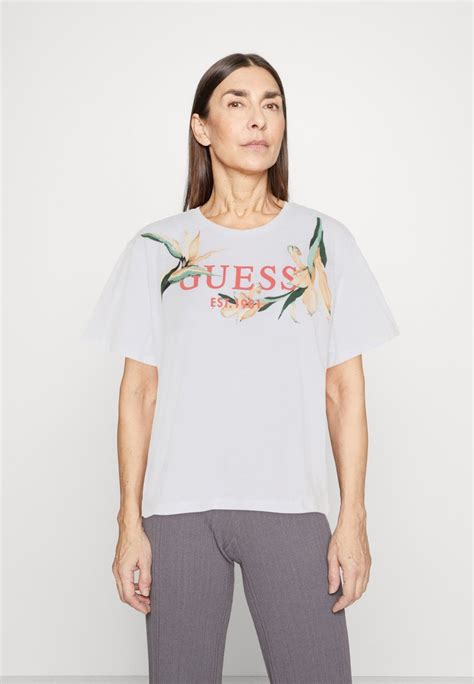 Guess Ss Cn Logo Flowers Print T Shirt Pure Whitewhite Zalandoie