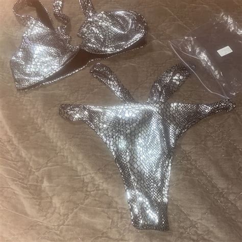 Bikini Pi Ces Argent M Tallique Grand Imprim Reptile Ebay