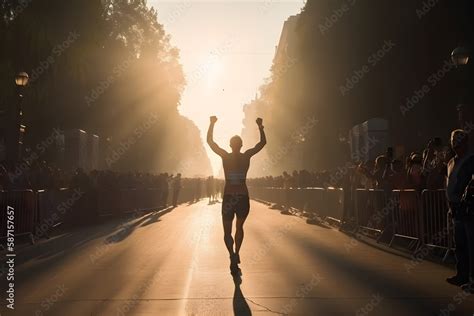 Back view, professional marathon runner rejoices in the victory ...